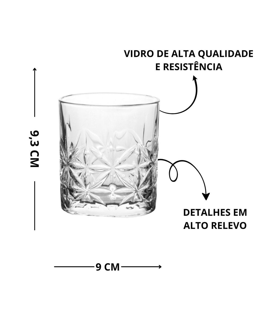 JOGO 6 COPOS DE VIDRO PARA WHISKY FLOWER - 332ML