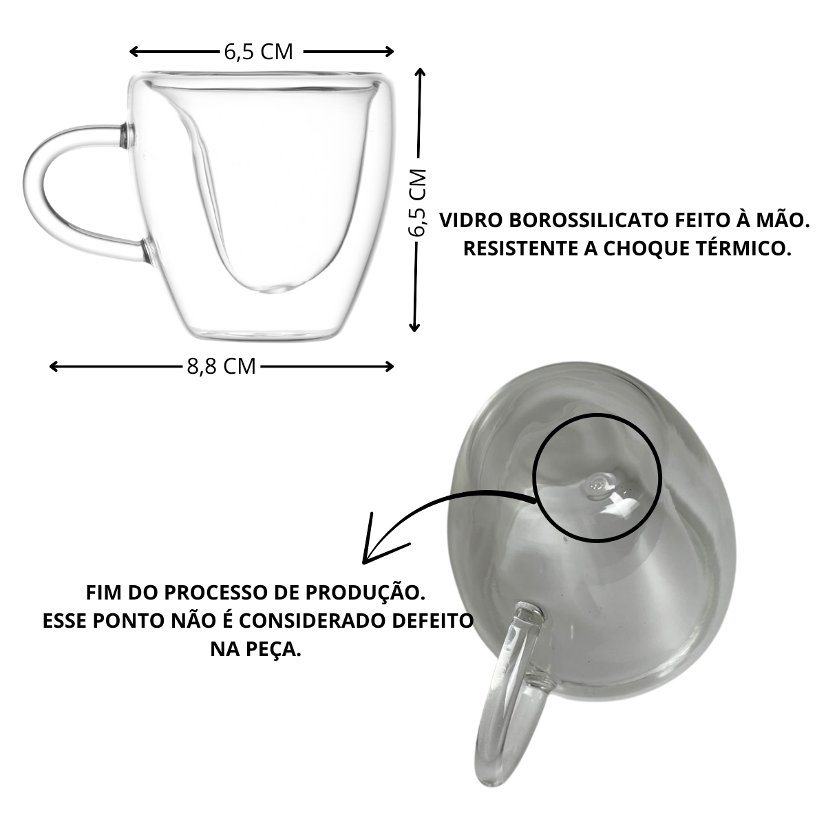 Jogo 6 Xícaras Coração Parede Dupla de Vidro - 80ml