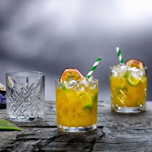 Jogo 4 Copos Vidro Whisky Rocks Baixo Decorado Drinks 345ml