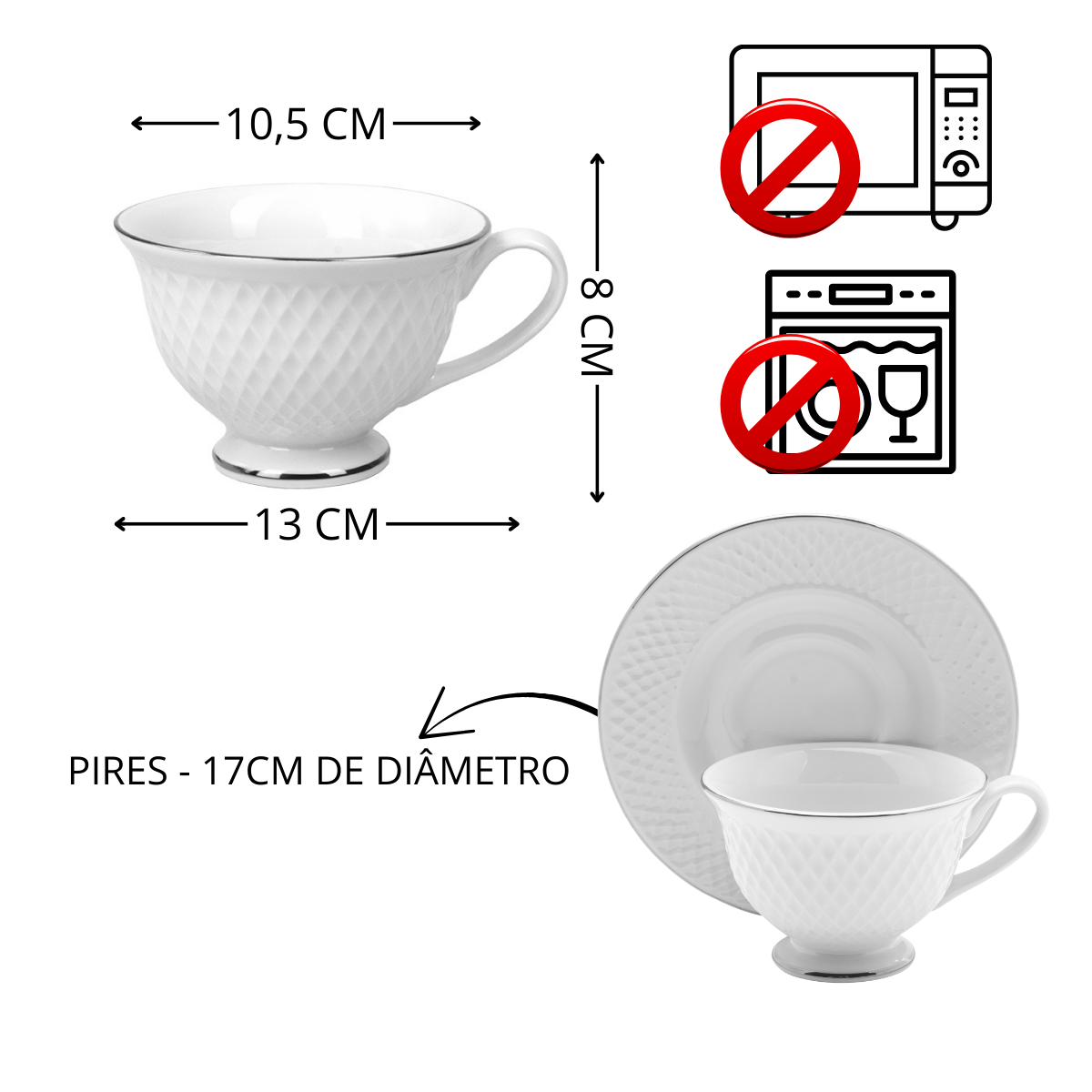 Jogo 6 Xícaras com Pires Porcelana Borda Prateada - 220ml