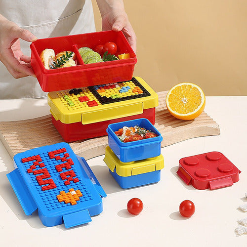Conjunto Lancheira Marmita Lego E Talheres Montável Infantil