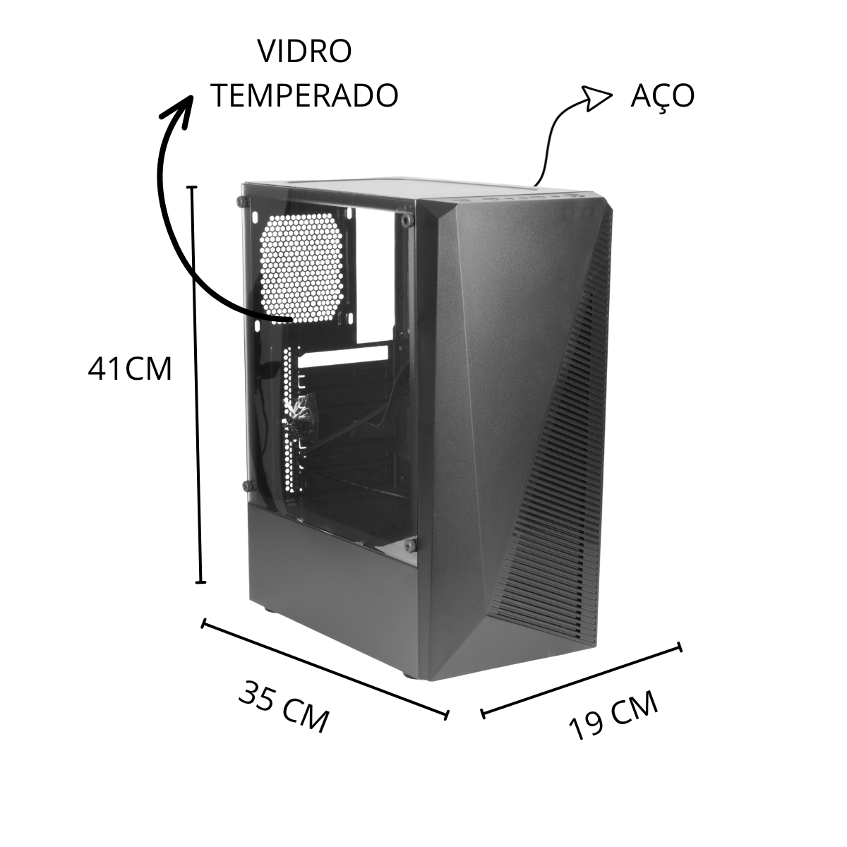 Gabinete Gamer MidTower Lateral Vidro Frente Tela - Preto