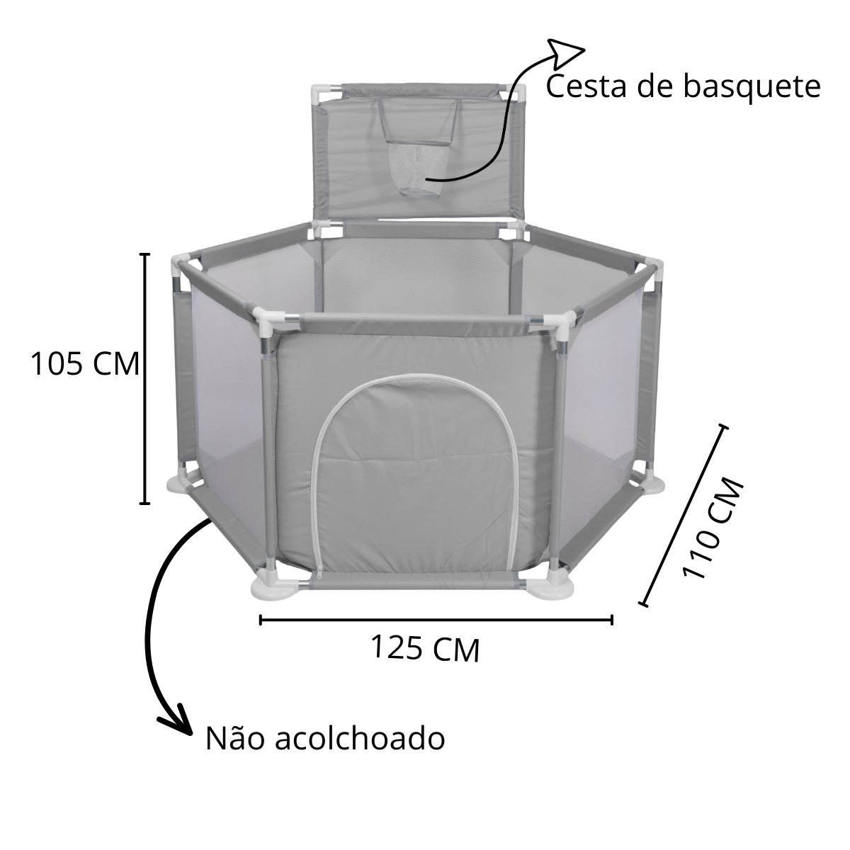 Cercado Infantil Hexagonal com Cesta Basquete Cinza - 125cm