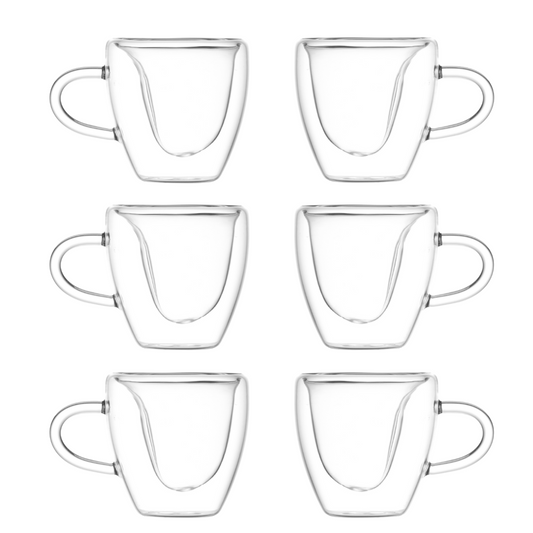 Jogo 6 Xícaras Coração Parede Dupla de Vidro - 80ml