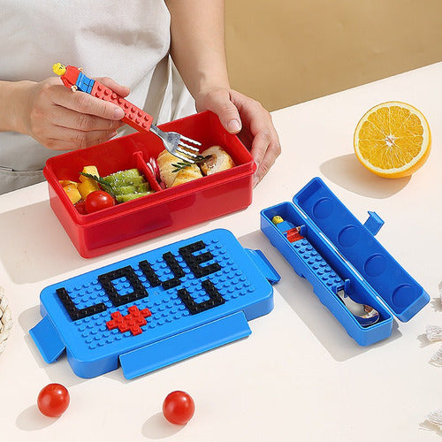 Conjunto Lancheira Marmita Lego E Talheres Montável Infantil
