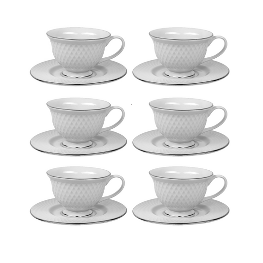 Jogo 6 Xícaras com Pires Porcelana Borda Prateada - 220ml