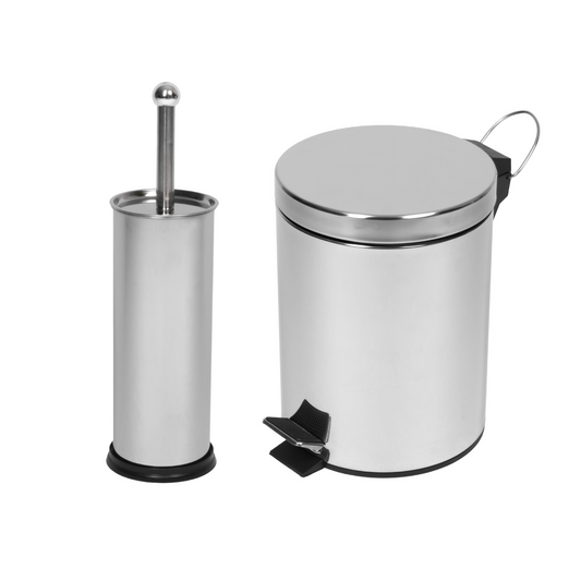 Kit Banheiro - Escova Sanitária e Lixeira Inox com Pedal 5L